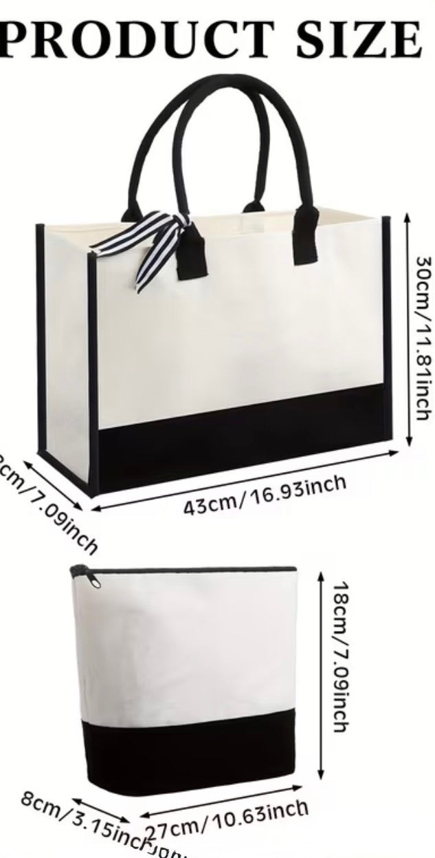 Burlap Tote Bag and Makeup Bag Set