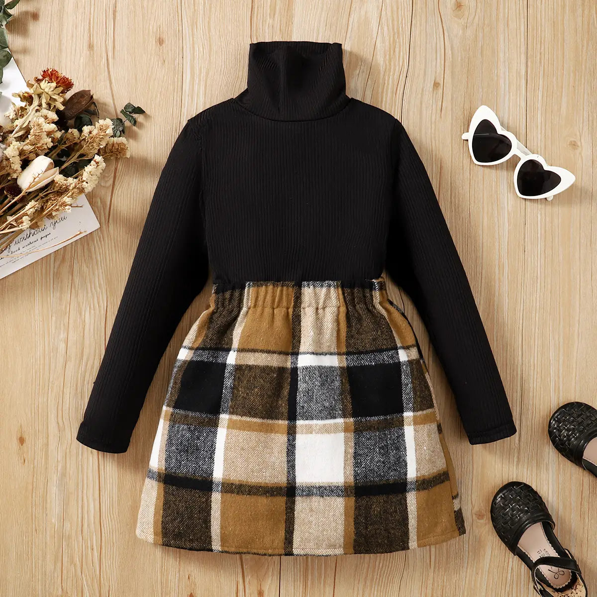 2pcs Kid Girl Turtleneck Long-sleeve Black Tee & Plaid Skirt