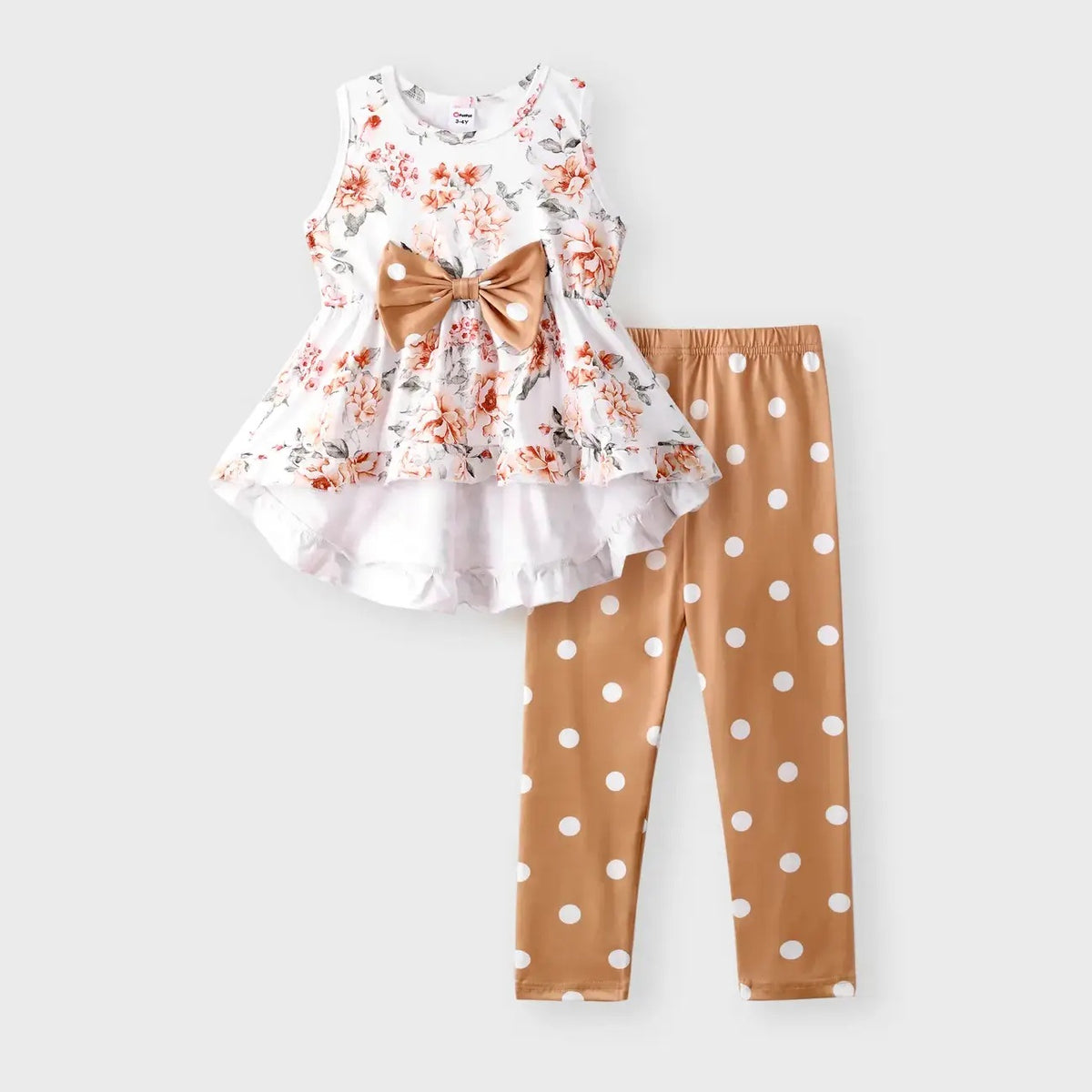 2-piece Toddler Girl Floral Bowknot Top Polka dots Pants Set