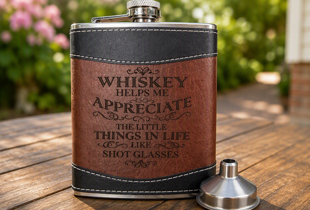 Personalized Black & Brown Leather-Wrapped Flask