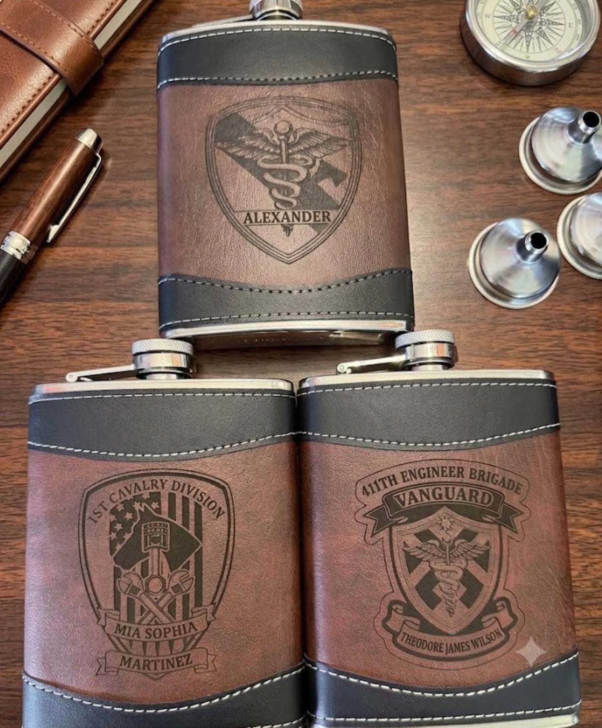 Personalized Black & Brown Leather-Wrapped Flask