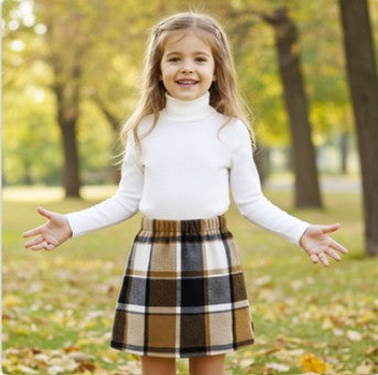 2pcs Kid Girl Turtleneck Long-sleeve Black Tee & Plaid Skirt