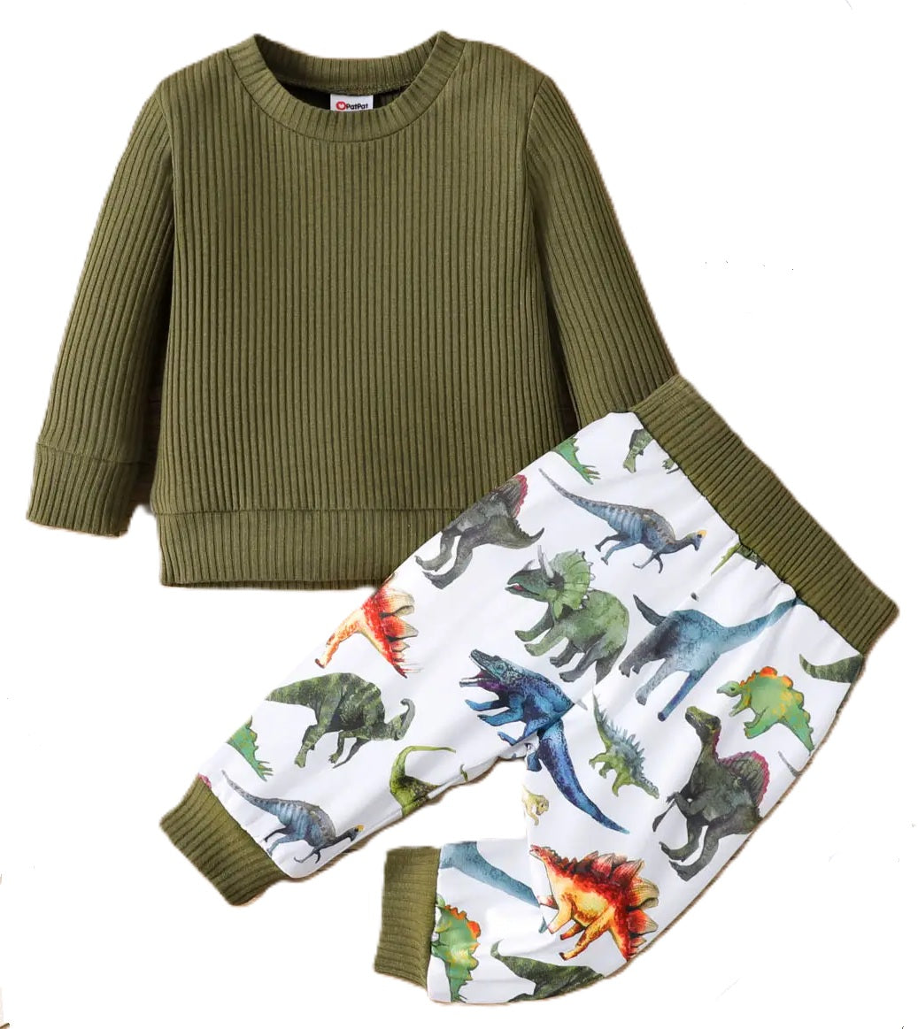 2pcs Baby Boy Solid Cotton Pullover and Dinosaur Pants Set
