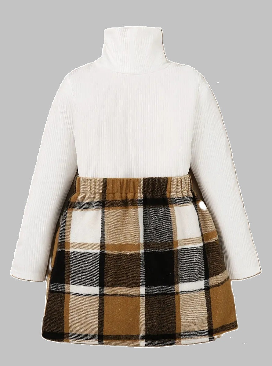 2pcs Kid Girl Turtleneck Long-sleeve Black Tee & Plaid Skirt